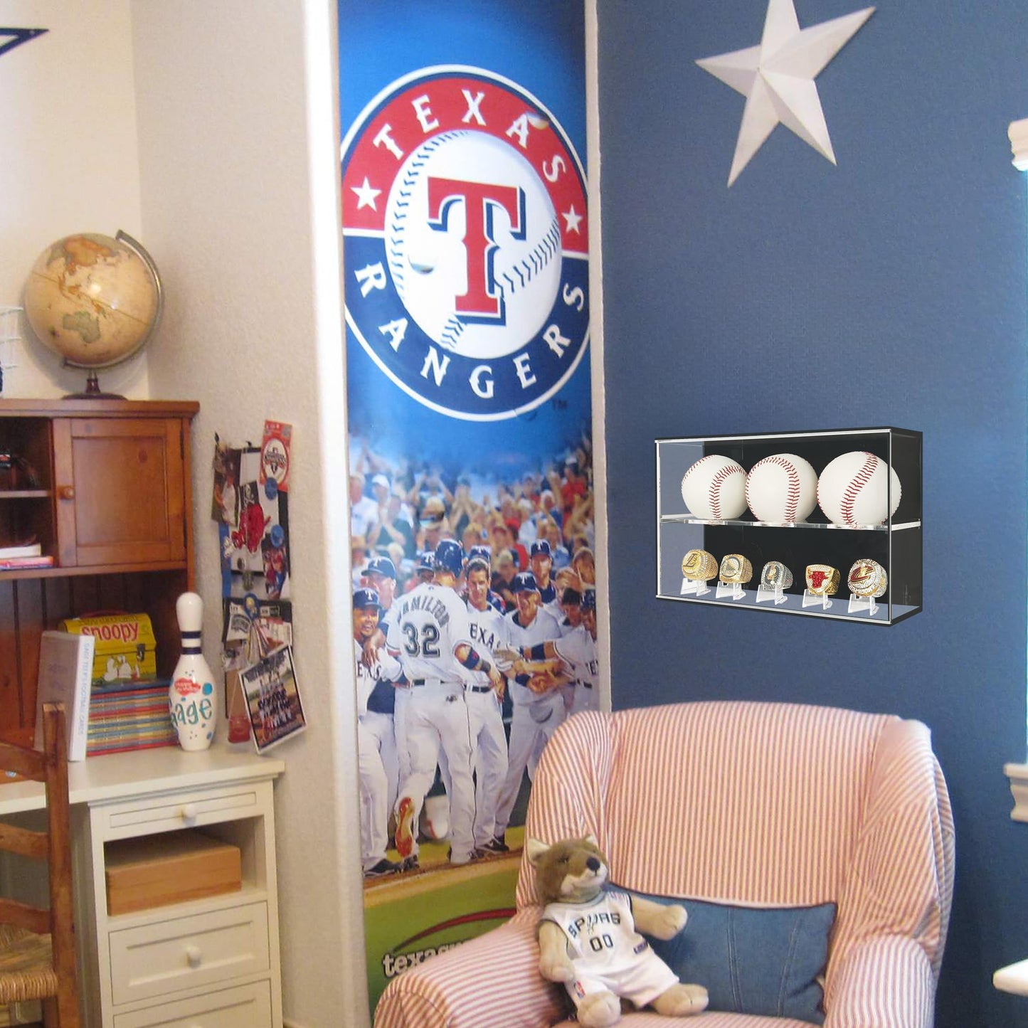 Acrylic Championship Ring & Baseball Dual Function Display Case, Swap Insert Wall Mountable, Gifts for Boys 8-12