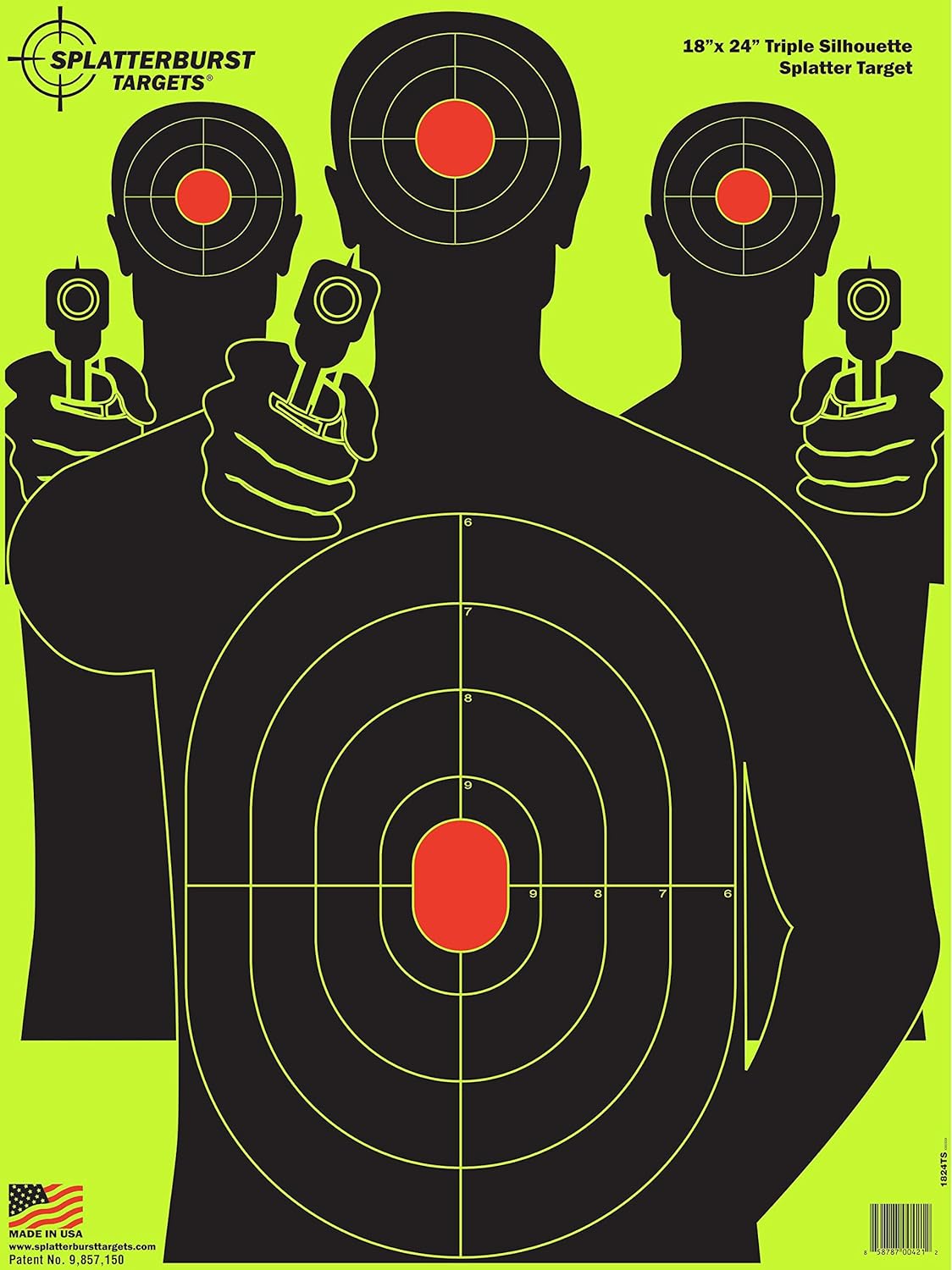 Splatterburst Targets - 18 x 24 inch - Triple Silhouette Splatter Target - Easily See Your Shots Burst Bright Fluorescent Yellow Upon Impact - Made in USA