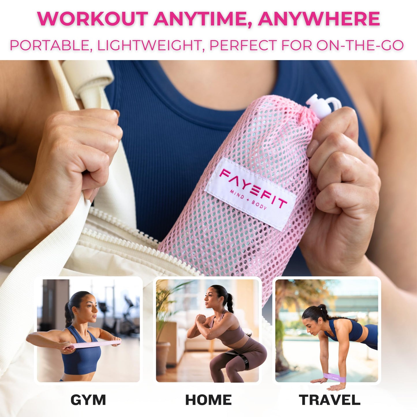 FayeFit Resistance Bands for Working Out – Exercise Bands Resistance Loops, Workout Bands, Physical Therapy Bands. Set of 5 Stretch Bands for Exercise at Home + Carry Bag. Legs, Booty, Arms.