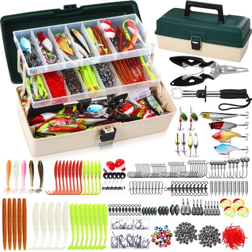 RoundFunny 517 Pcs Large 3 Layers Tackle Box with Tackle Fishing Lures Kit Included Pliers, Fish Lip Gripper, Crankbait, Hooks, Other Accessories Fishing Bait Gear Kit for Men(Dark Green Milky White)