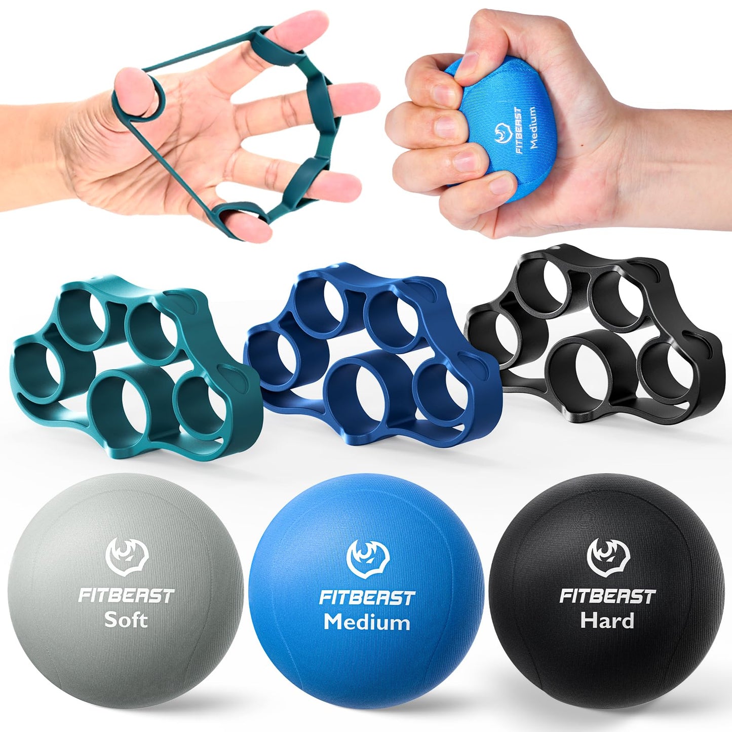 FitBeast Grip Strength Trainer – 6 Pieces Hand Therapy Kit with Finger Extension Exerciser & Stress Balls for Adults, Rehab & Strength Training – for Men, Women, and Seniors (6-Piece Cool Tones)