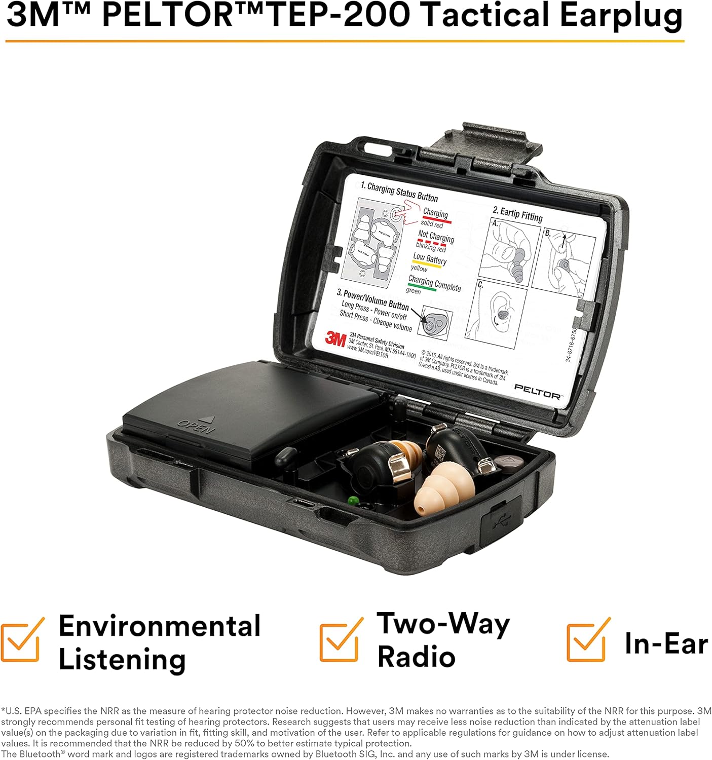 3M PELTOR TEP-200 Tactical Ear Plug Kit, NRR 23dB, Rechargeable, Noise Reduction, Construction, Law Enforcement