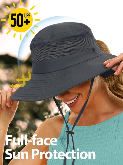 Sun Hat with Ponytail Hole for Women,UPF 50+ UV Protection Wide Brim Safari Hking Waterproof Foldable Beach Bucket Hat Dark Grey
