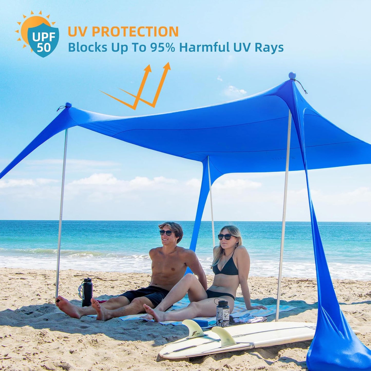 AMMSUN Beach Tent Portable Sun Shelter,9X 9ft Beach Canopy Easy Setup, 9'X9'Lycra Sun Shelter UPF50+ Protection 4 Sand Bags 4 Aluminum Poles with Sand Shovel for Family Beach Camping Outdoor Navy Blue