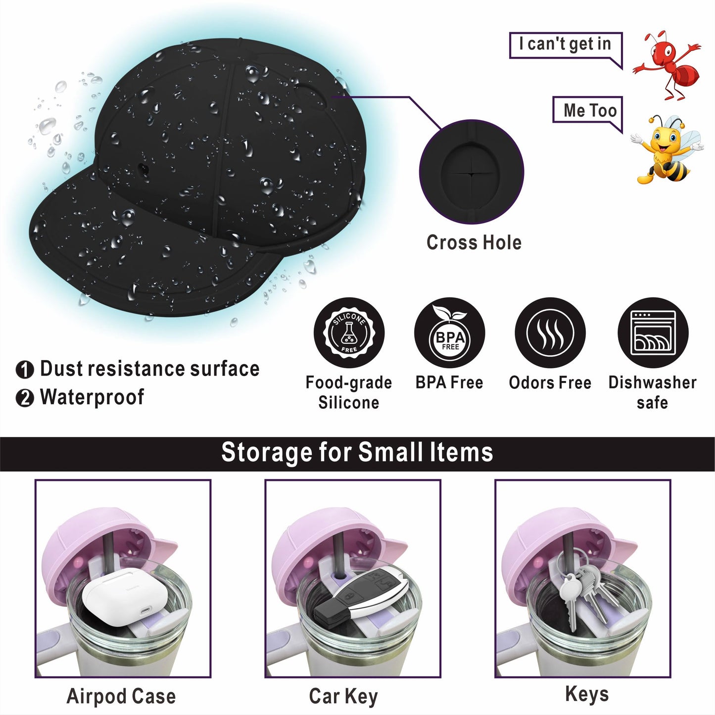 Anti-dust Silicone Hat for Stanley Cup 40oz, Compatible with Stanley Cup with Straw Cover and Two Charms, Black