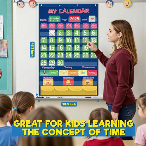 Classroom Monthly Calendar Pocket Chart with 144 Cards, Wall Calendar and Weather Chart for Kids Learning, Teacher Supplies for Kindergarten Preschool Elementary Homeschool