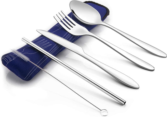 Reusable Travel Utensils with Case | Fork and Spoon Set with Knife and Optional Straws Great Office, Travel, or Camping Accessories | Lightweight, Sturdy Utensils