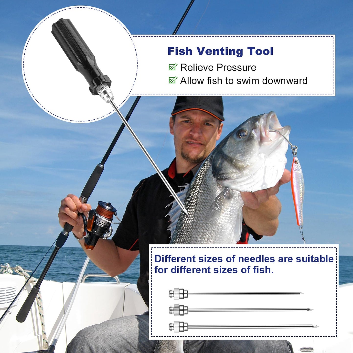 Fish Venting Tool with 1 Fish Hook Removers and 3 Stainless Steel Various Size Venting Needle, Fish Remover Tool for Saltwater and Freshwater Fishing Tools