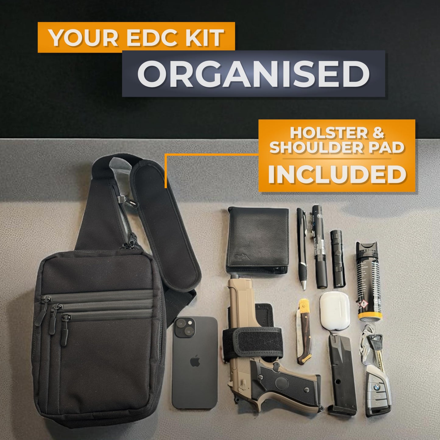 ARMORWERK Premium Carry Sling Bag for Men with Quick Access Pull Tab and 4 Accessory Slots — CCW Sling Bag for Men with Waterproof Heavy Duty Zippers — Durable Adjustable Holster Included