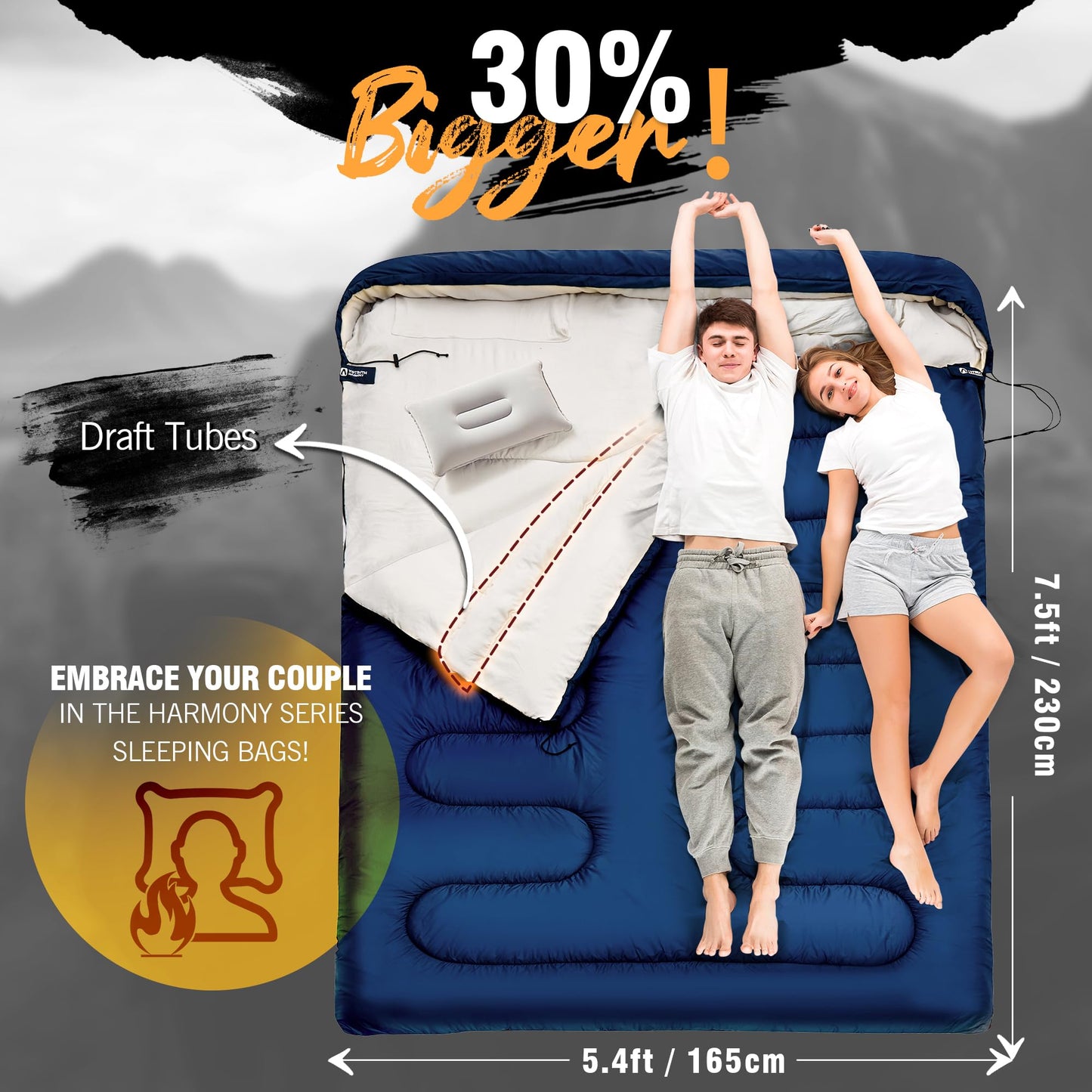yotruth Double Sleeping Bag with Pillow for Adults 3 Season Queen Size Two Person Sleeping Bag Cold Weather Camping Sleeping Bag Camping Essentials Camping Gear Camping Accessories