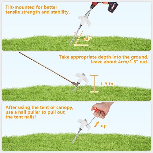 NVAAV 20 Pcs 8" Heavy Duty Drill Tent Stakes with Storage Bag, Glow-in-The-Dark Ground Anchor Peg, Metal Threaded Screw-in Tent Stake for Camping Swing Canopies with 1 Hex Nut Driver, Peg Puller