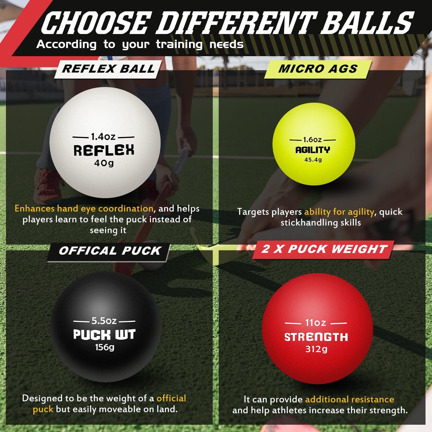 4 Pcs Stickhandling Balls Training Aid 4 Weights Stick Handling Trainer Balls Field Hockey Training Equipment for Indoor Outdoor Practice, Enhance Skills, Speed, Reaction Times