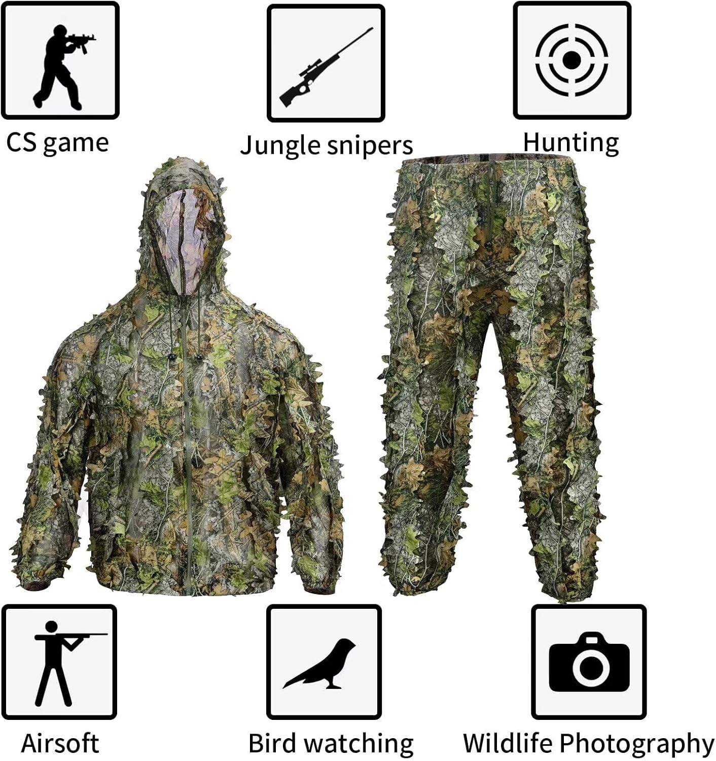 HYOUT Hooded Ghillie Suit Camo Suit Woodland Forest Military 3D Green Leafy Clothing Costume for Jungle Halloween Party