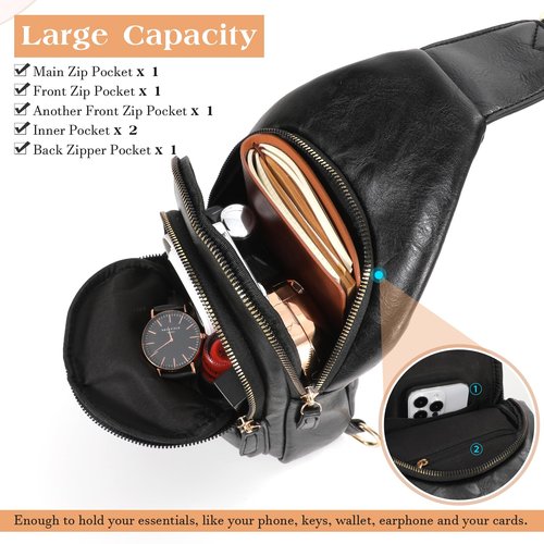 SUOSDEY Sling Bags for Women Crossbody Leather Sling Backpack Chest Bag Shoulder Bags for Casual Traveling Hiking Cycling black