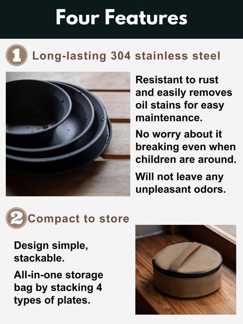 CAMPINGMOON Camping Plates Stainless Steel 4pcs Black BKS395-1S