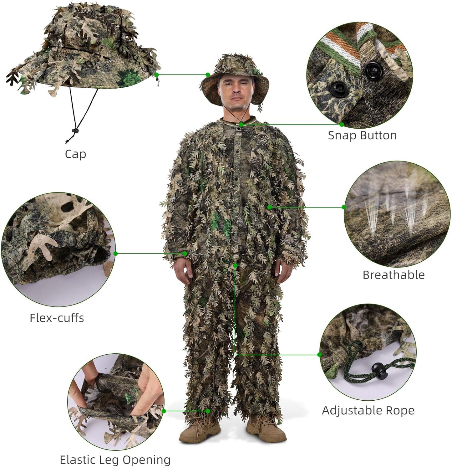 Zicac Outdoor Camo Ghillie Suit 3D Leafy Camouflage Clothing Jungle Woodland Hunting