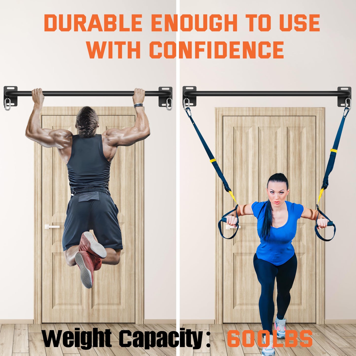 36" Heavy Duty Pull Up Bar Wall/Joist Mounted, 600 LB Capacity, Multi-Grip Bar for Garage & basement rafter Use - All-in-One Workout with Carabiners & Space-Saving Design