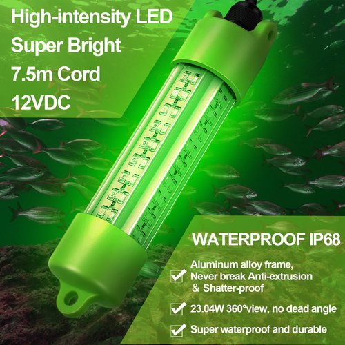 Retisee 2 Pcs 12V Green Underwater Fishing Light IP68 Waterproof Aluminum Bright LED Fish Bait Submersible Night Fishing Lights Lure Bait Finder with Battery Clamp for Crappie(45w, 24.61 ft)