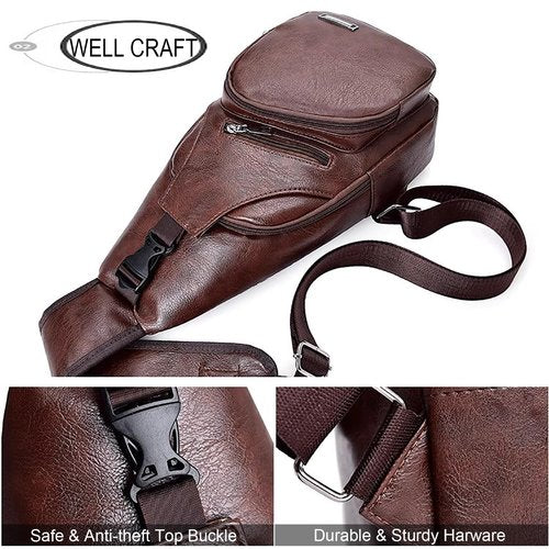 Peicees Pack of 3 Medium Leather Sling Bag Mens Crossbody Bag Chest Bag Sling Backpack for Men with USB Charge Port, Medium Classic Dark Brown & Classic Black & Vertical Zipper Black