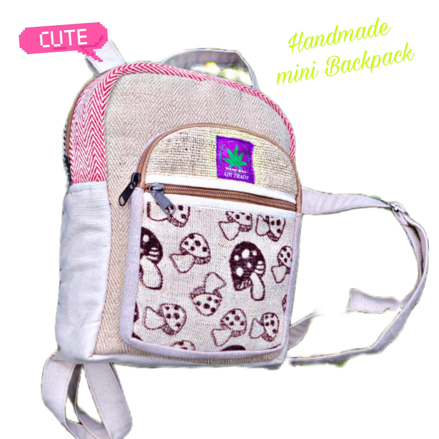 Generic RARA Natural Handmade MINI Hemp backpack, eco-friendly stylish unisex casual backpack Hiking, Travelling and Walking (Mushroom red)