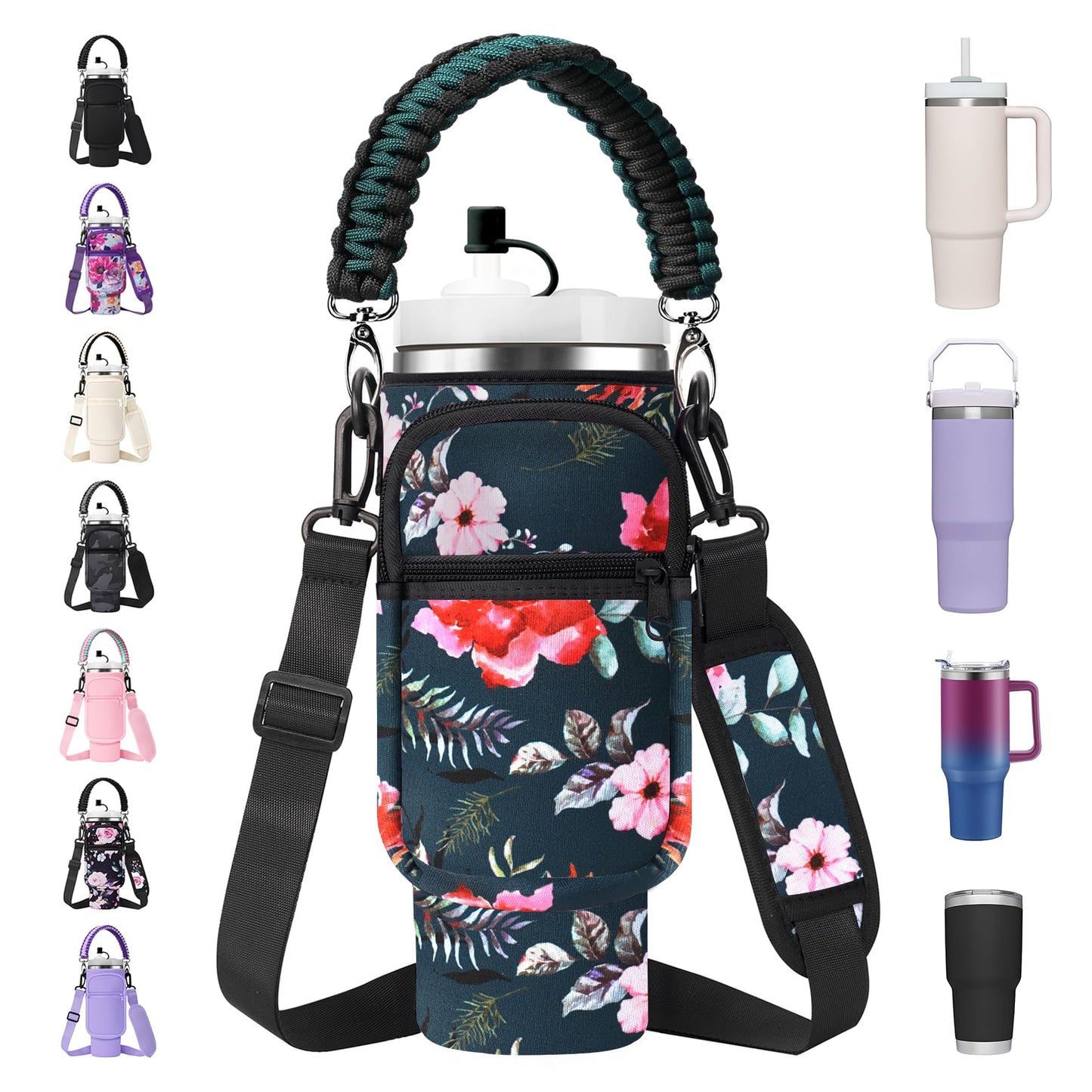 AceTreker Carrier Bag with Phone Pocket for Stanley 30/40 oz Tumbler with Handle - Water Bottle Sling Holder for Stanley Cup Accessories with Adjustable Shoulder & Straw Cap-Wild Rose