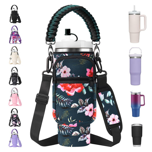 AceTreker Carrier Bag with Phone Pocket for Stanley 30/40 oz Tumbler with Handle - Water Bottle Sling Holder for Stanley Cup Accessories with Adjustable Shoulder & Straw Cap-Wild Rose