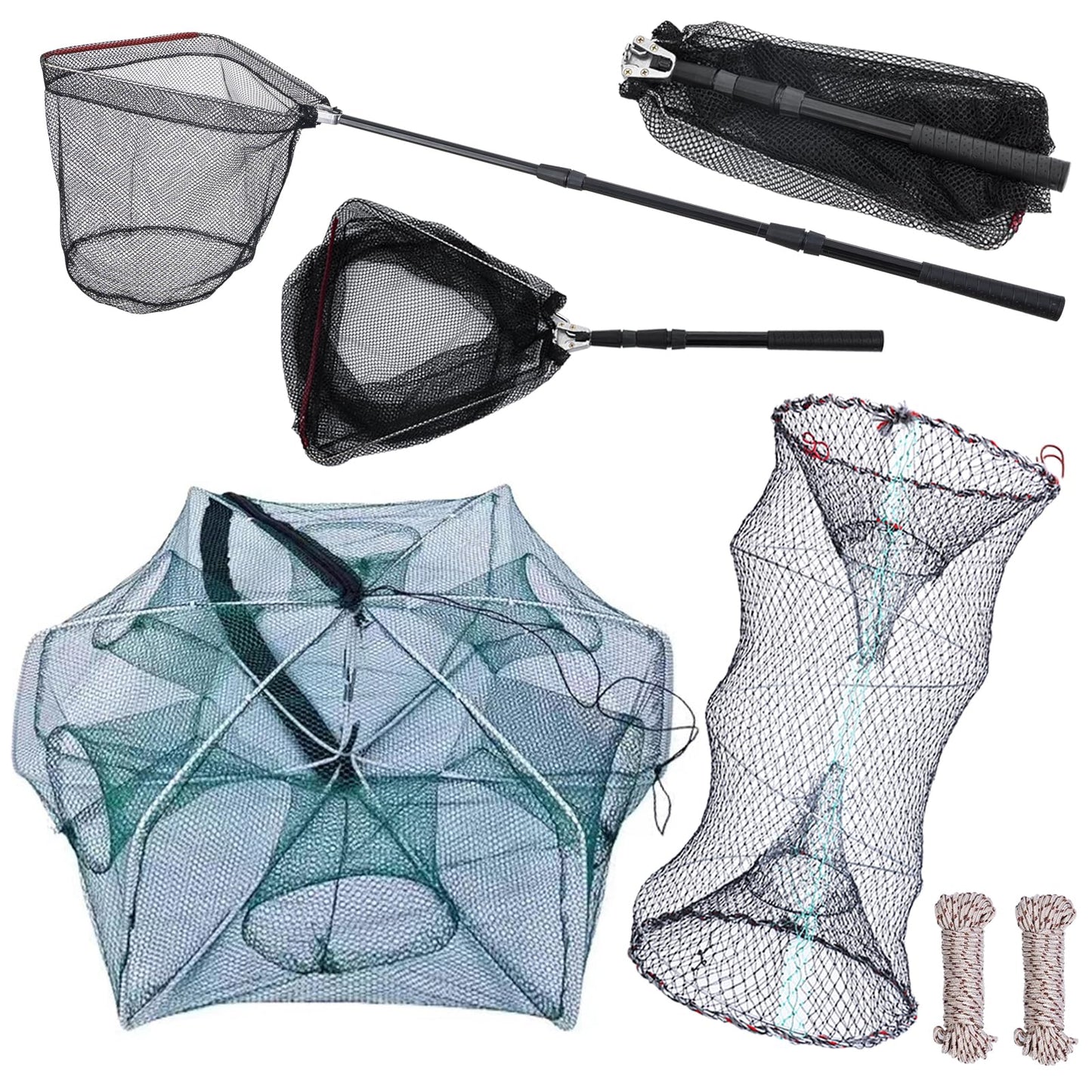 3 Pcs Foldable Fishing Net Accessories for Crab Crayfish Shrimp:Fishing Landing Net with Telescoping Pole Handle, Collapsible Crab Trap Hexagon and 2 Ropes