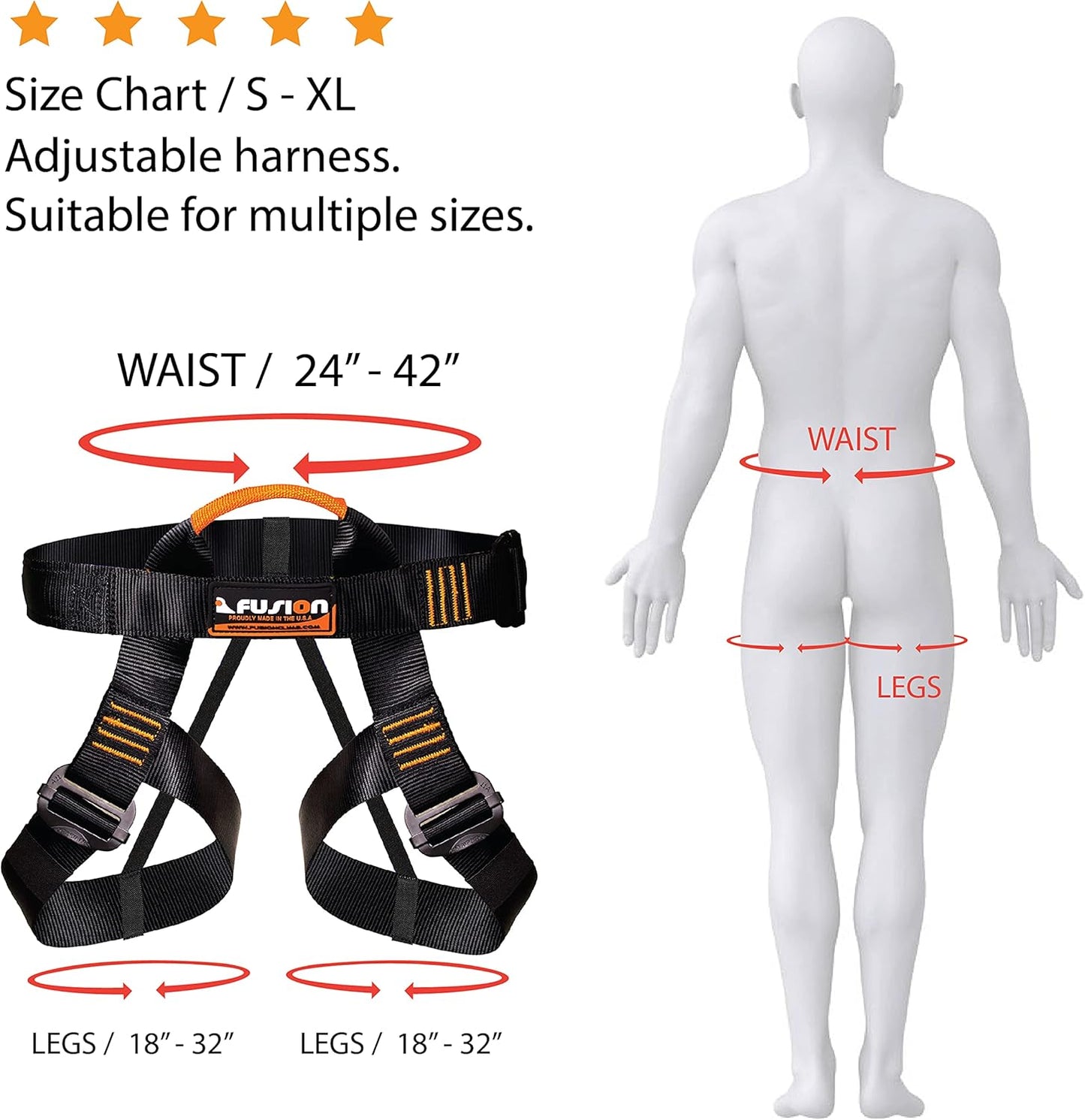 Rock Climbing Harness - Fusion Climb® - (5,000 LBS Rated) Professional Half Body Harness for Mountaineering, Tree Climbing, Ziplining, Rock Climbing, Rappelling - Heavy Duty Half Body Harness