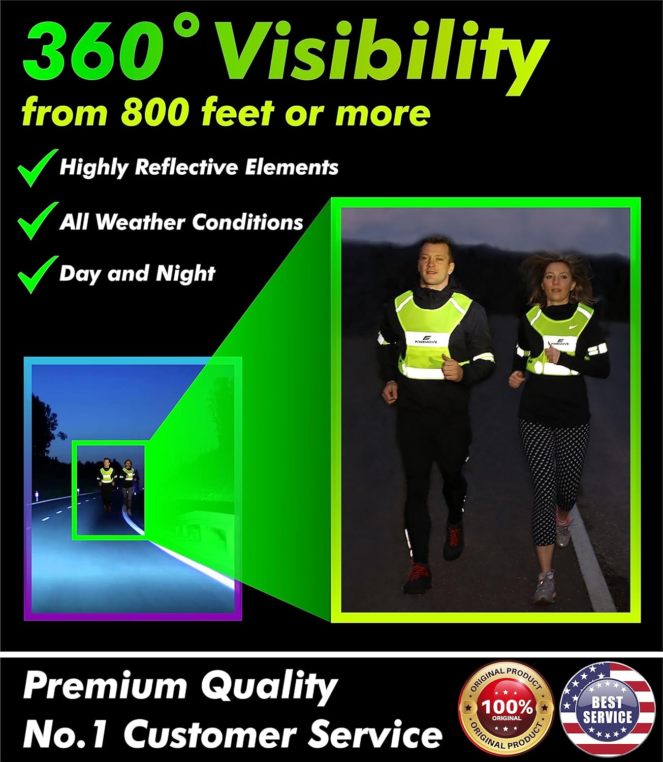FREEMOVE Reflective Vest - Running Gear + 2 Bands & Bag/Ultralight & Comfy Safety Vests for Running, Walking, Cycling