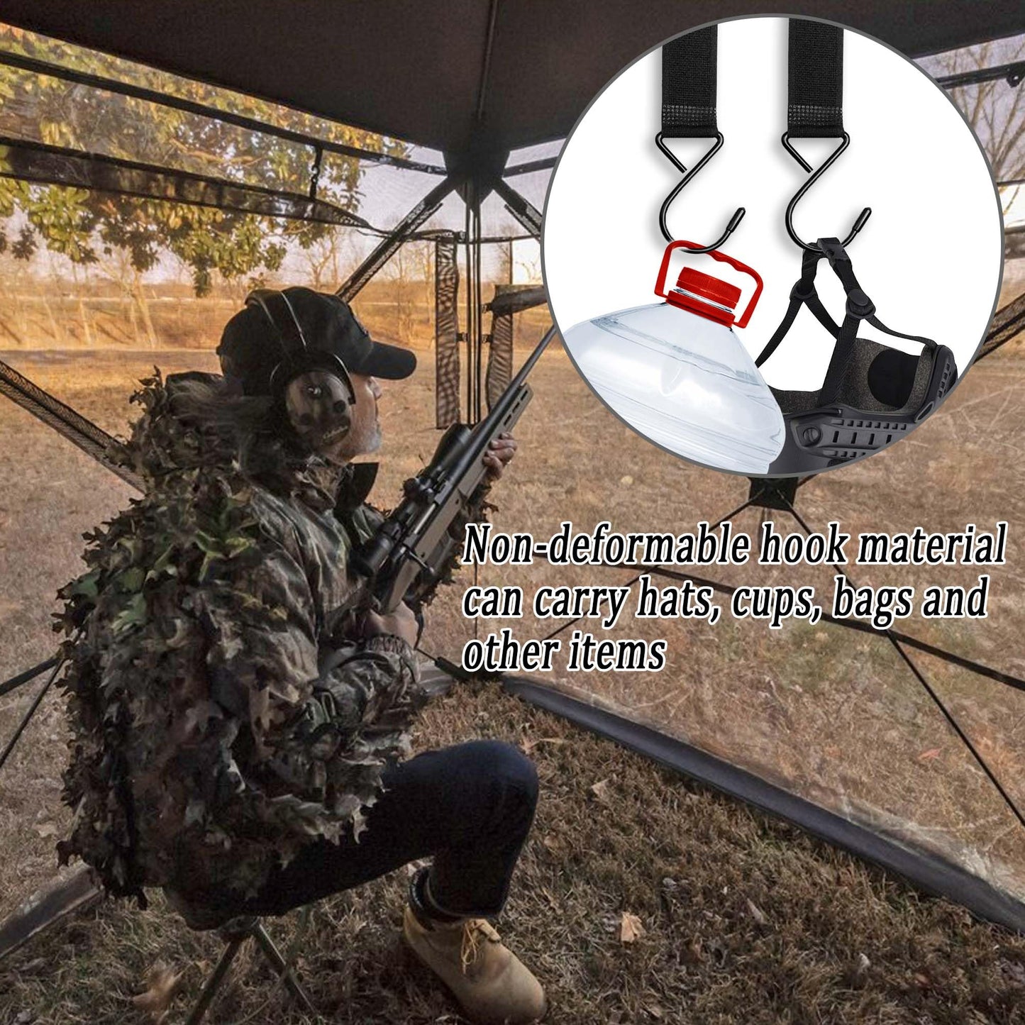 HZCGJMY 10Pcs Outdoor Hunting Tent Hanging Hooks Black Hunting Shelter Hooks Multi Functional Metal Hooks with Straps Adjustable Velcro Hooks for Outdoor Hunting Camping Hiking Ice Fishing