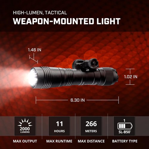 Streamlight 89009 ProTac 2.0 2000-Lumen Rail Mount High Lumen Tactical Rechargeable Long Weapon-Mounted Flashlight with Straight Pressure Switch, SL-B50 Battery Pack and USB-C Cord, Black