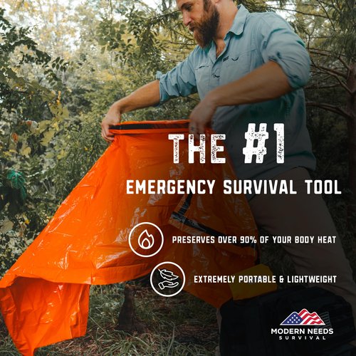 MODERN NEEDS Emergency Sleeping Bag – Thermal Blanket & Bivy Sack | Waterproof, Windproof, Tear-Resistant Shelter Emergency Blanket for Outdoor Use