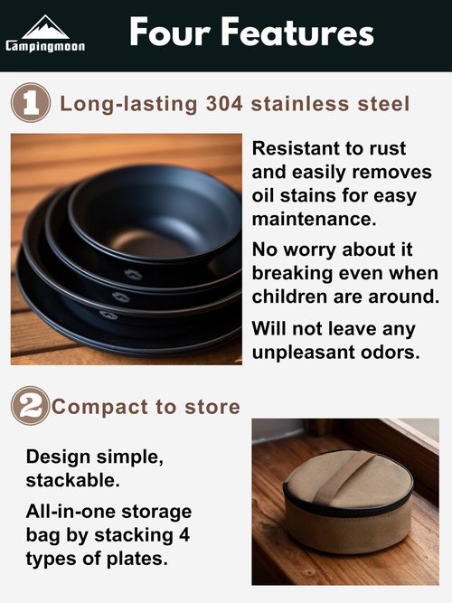 CAMPINGMOON 8pcs Camping Mess Kit Φ4.7"~Φ7" Bowls Plates Black BKS395-2S