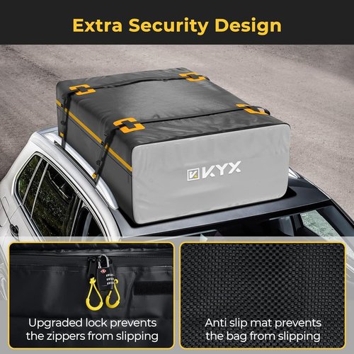 KYX Car Roof Bag Cargo Carrier –15 Cubic Feet Waterproof Roof Top Luggage Bag for All Cars with/Without Racks, Double Rain Curtain, Anti-Slip Mat