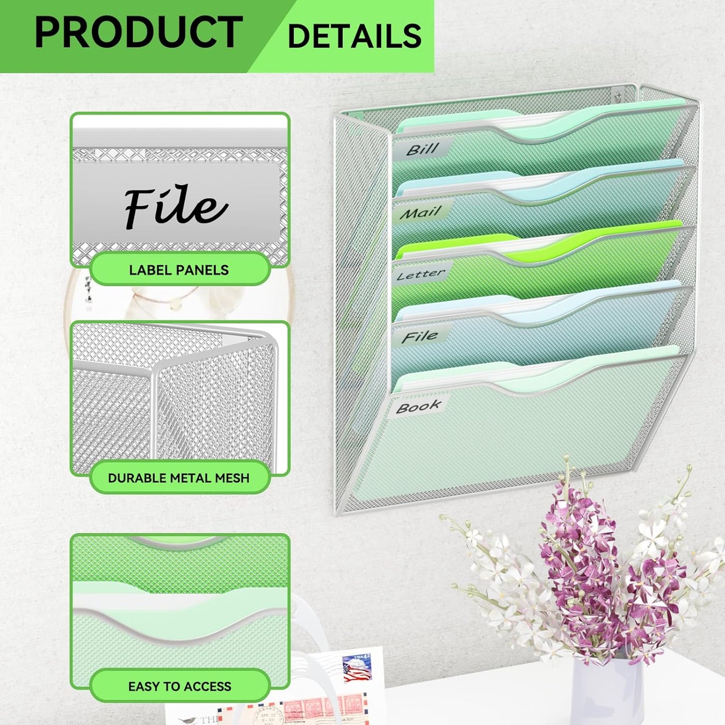 5 Pockets Mesh Hanging Wall File Holder Organizer Wall Mounted Paper Magazine Rack, Black