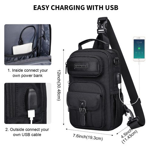 WITZMAN Sling Bag for Men Convertible Travel Sling Backpack USB Charging Port Lightweight Crossbody Bags Casual Daypack（B698 Black）