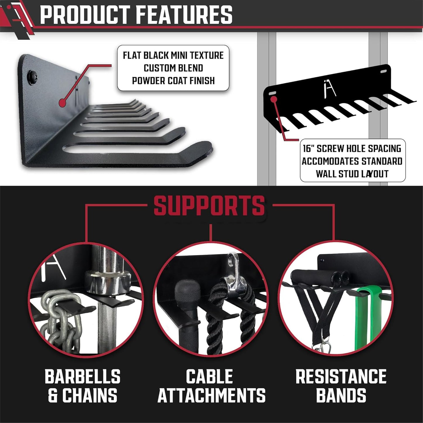 IRON AMERICAN) Gym Storage Hanger/Heavy Duty Multi-Purpose Gym Rack for Lifting Belts, Chains, Exercise Bands, Jump Ropes (mounting hardware included)