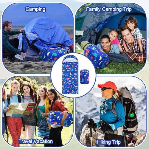 Camping Sleeping Bag for Kids 3 Season Warm Cool Cold Weather Waterproof Sleeping Sack for Boy Girl with Carry Bag Adult Travelling Outdoor Camping Gear Equipment(Space Dinosaur,Blue)