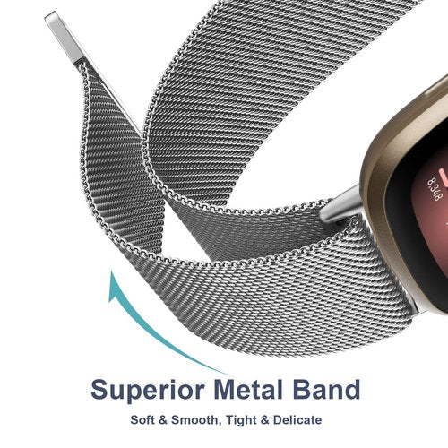 Metal Band Compatible with Fitbit Sense 2 /Sense Bands/Versa 4 / Versa 3 Bands Women Men, Stainless Steel Mesh Loop Strap for Fitbit Sense 2/Sense/Versa 4/Versa 3 Smart Watch (Large,Silver)