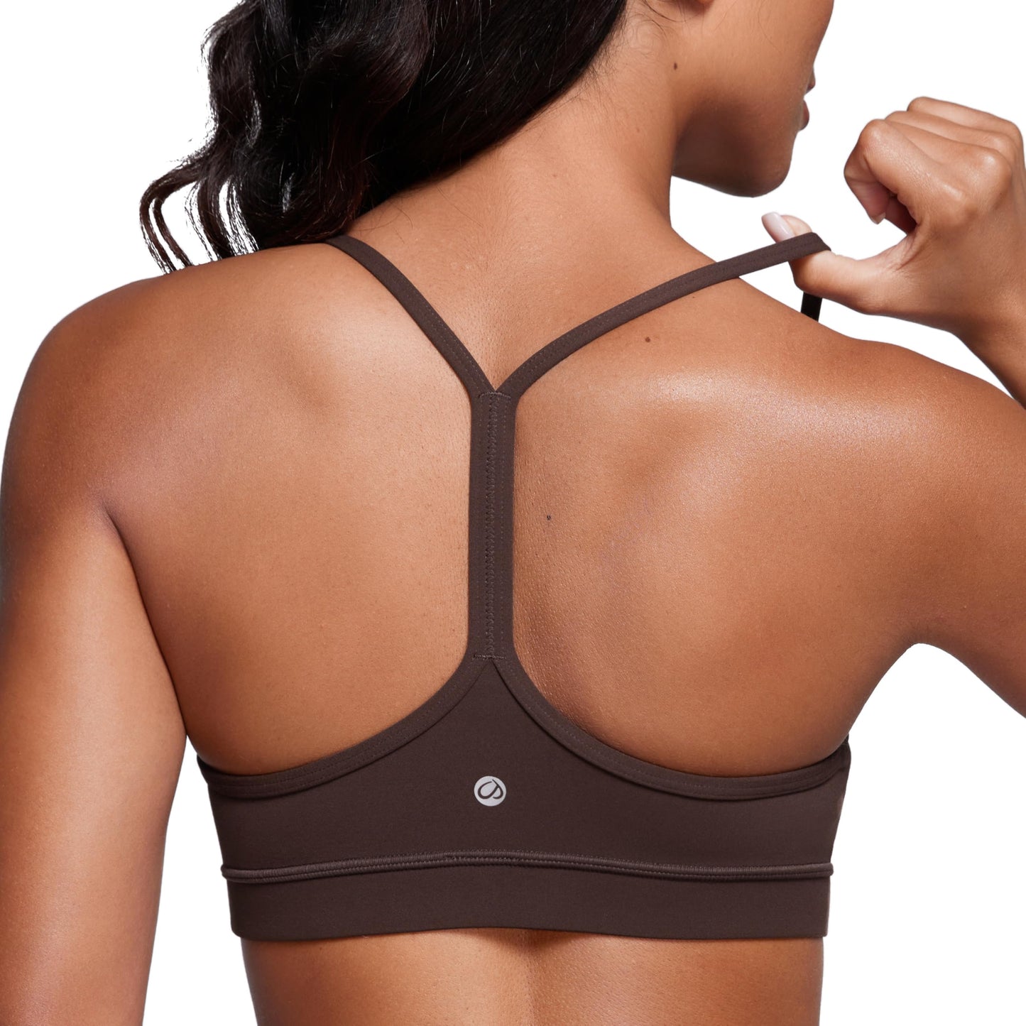 CRZ YOGA Butterluxe Y Back Sports Bras for Women - Padded Racerback Low Impact Spaghetti Thin Strap Workout Yoga Top Hot Fudge Brown Large