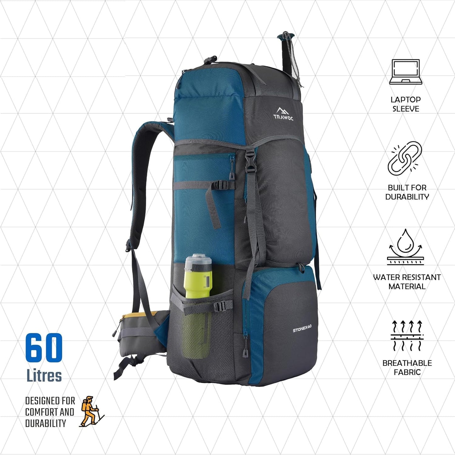 STONEX 60 Ltr Travel Backpack Trekking Rucksack bag for Men & Women Travel Camping Hiking Backpack, Sky Blue