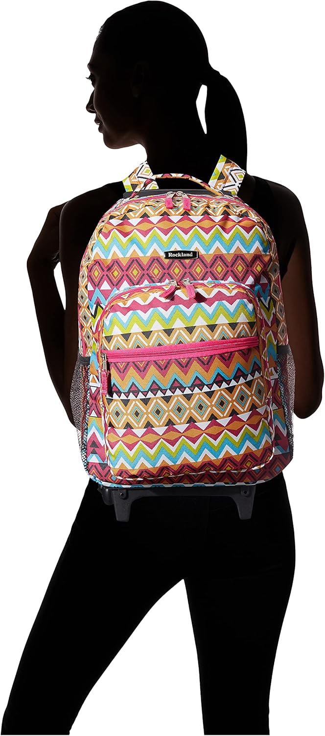 Rockland Double Handle Rolling Backpack, BLUELEOPARD, 17-Inch