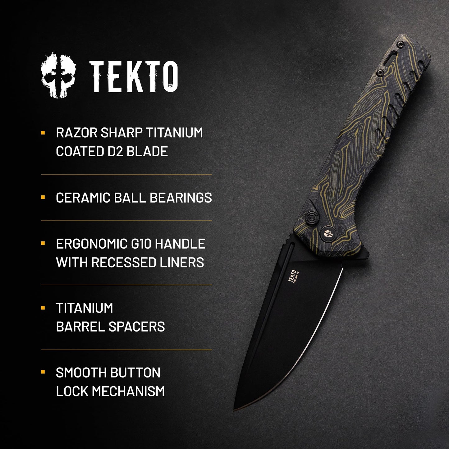 TEKTO F3 Charlie Button Lock Folding Knife, Oversized Fine Edge Blade, Tactical Damascus G10 Handle - Easy Open Pocket Knife with Titanium Coated D2 Steel & Black Titanium Barrel Spacers