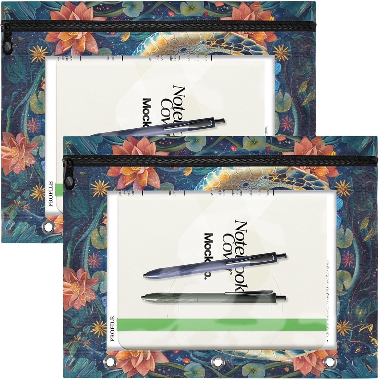Largemouth Bass Fish 2 Pack 3 Ring Binder Pocket A4 Size Binder Pouches Clear PVC Loose Leaf Folder Sleeves Storage Bags for Files, Documents
