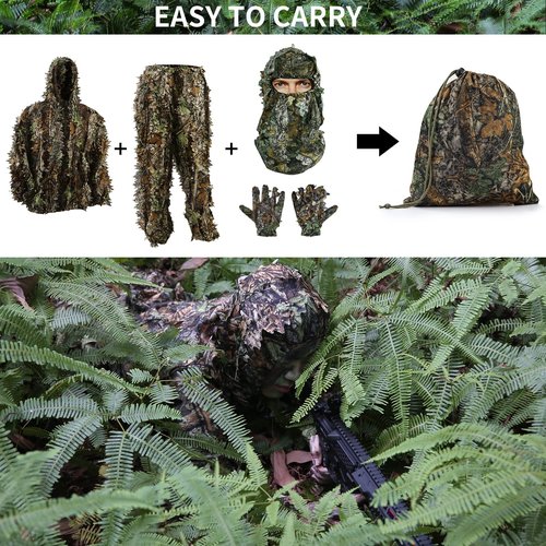 PELLOR Ghillie Suit, 3D Leafy Suit for Hunting Including Hunting Clothes, Hunting Gloves, Leafy Face Mask and Camo Bag for Jungle Shooting Airsoft Woodland Photography or Halloween