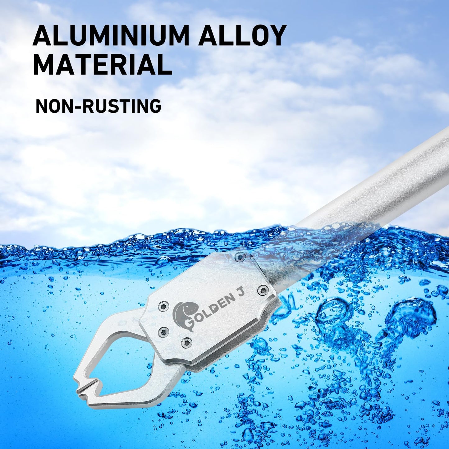 GOLDEN J 16" Fish Lip Gripper - Heavy-Duty & Saltwater Proof, Aircraft-Grade Aluminum Alloy, 60LB Capacity, Non-Slip 360° TPR Swivel Handle & Anti-Escape Push Rod, for Surf, Ice, Fresh/Saltwater