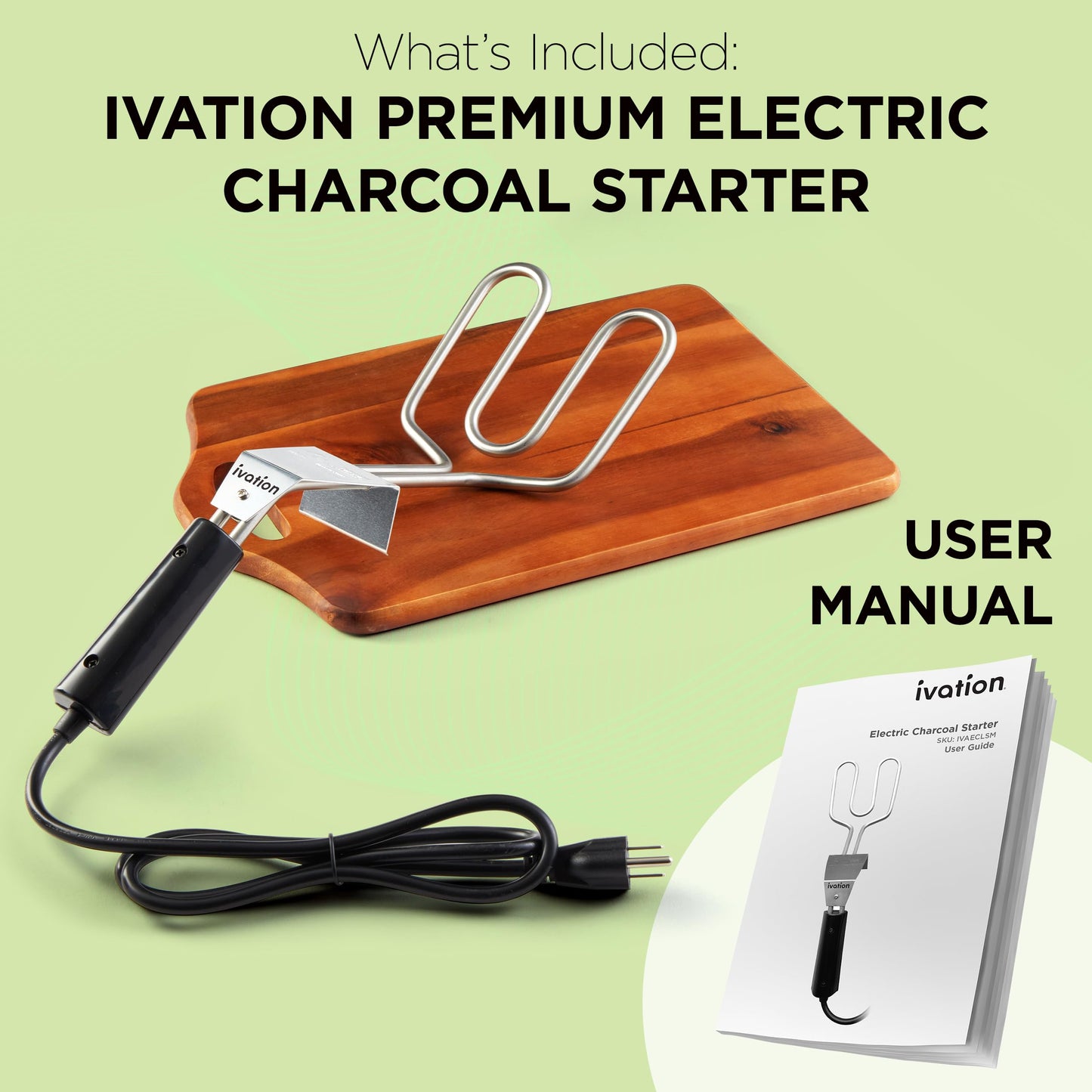 Ivation Premium 500W Electric Charcoal Starter (Small) – Quickly Ignite BBQ Grills Without Lighter Fluid or Matches – Double-Ring Design with Longer, Angled Handle Safely Heats in Just 6 Minutes