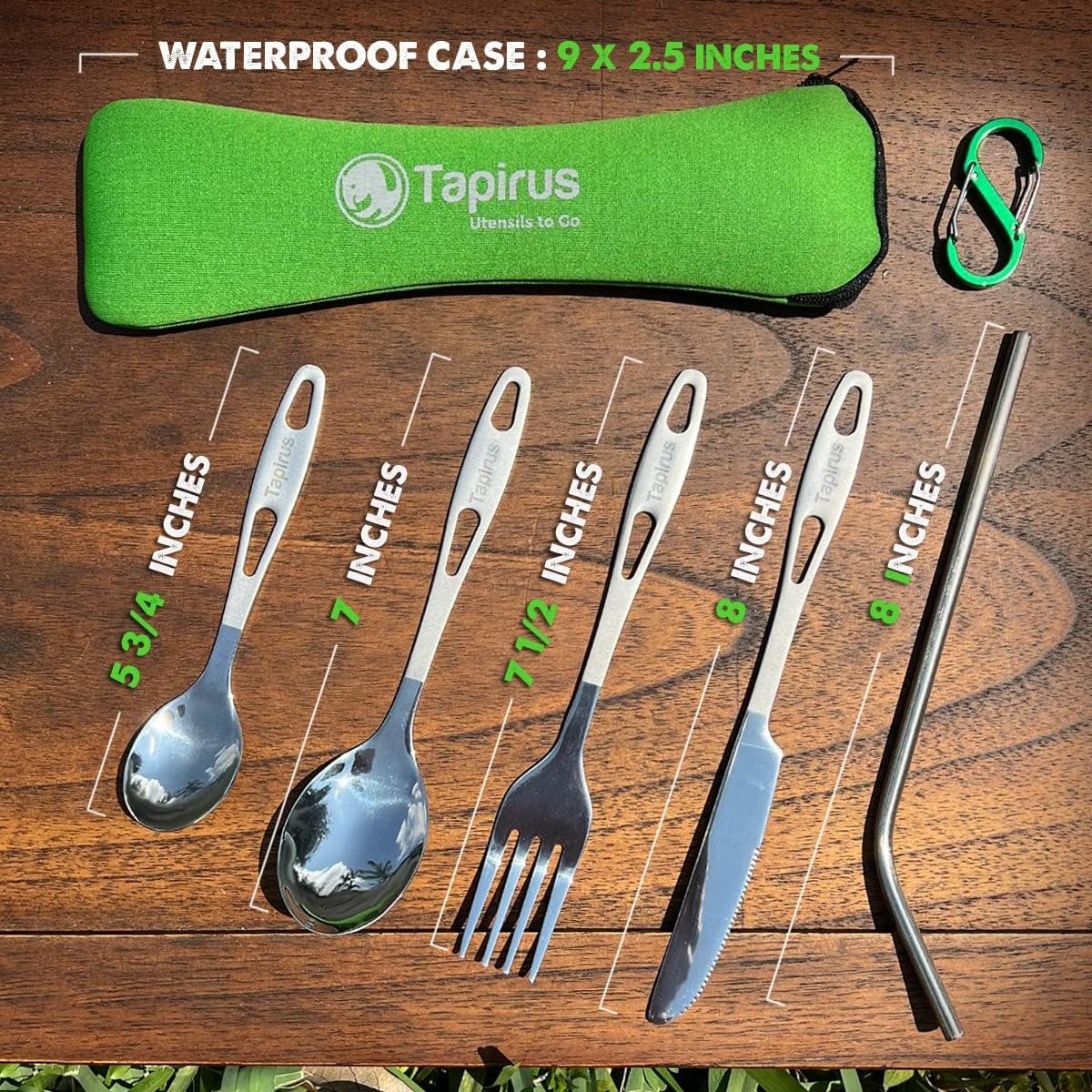 Tapirus Camp Utensils To Go | 6-piece Portable Set | Durable Stainless Steel | Light Weight Silverware With Waterproof Carrying Case | Ideal Equipment For Your Meal On The Go | Carabiner Included