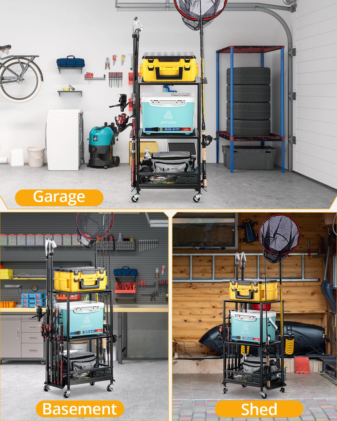 EXTCCT Fishing Rod Holder - Fishing Pole Rack for 10 Rods - Adjustable Height Fishing Gear Equipment Organizer Storage Solution for Garage Basement or Indoor