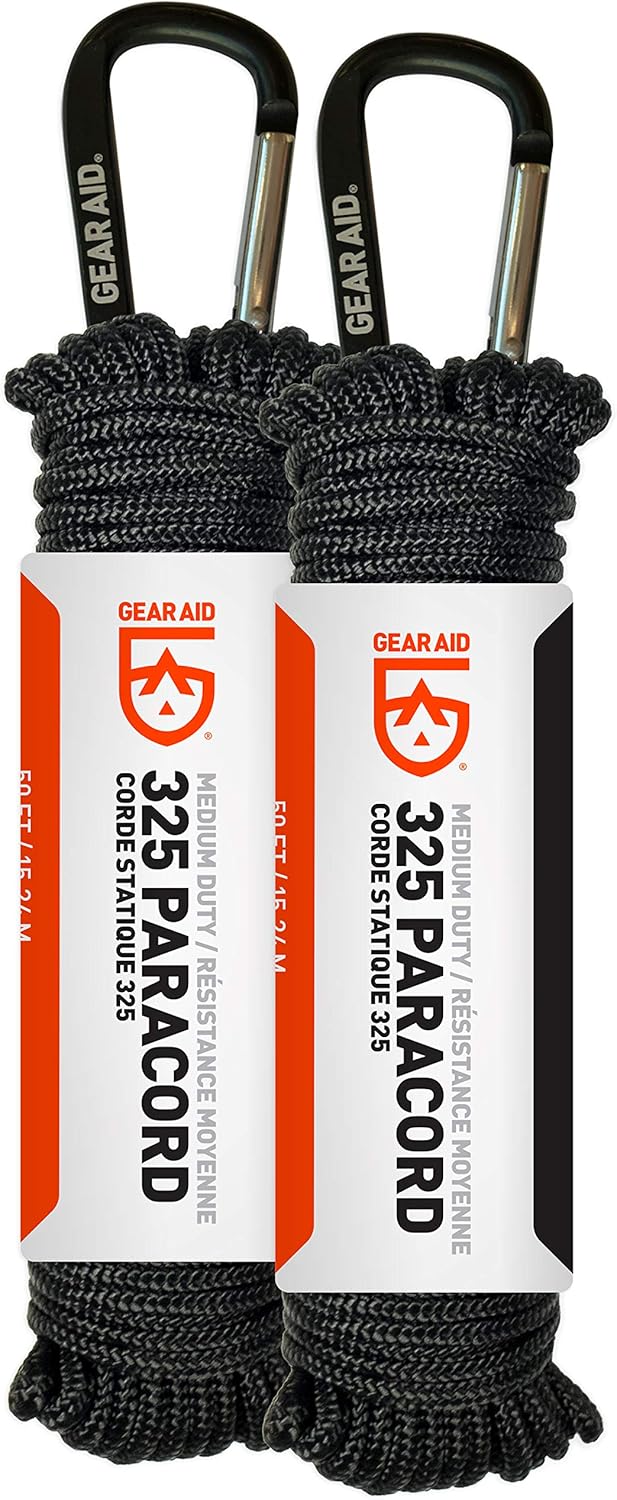 GEAR AID 325 Paracord and Carabiner, Utility Cord for Camping and Hiking, Black, 50 ft